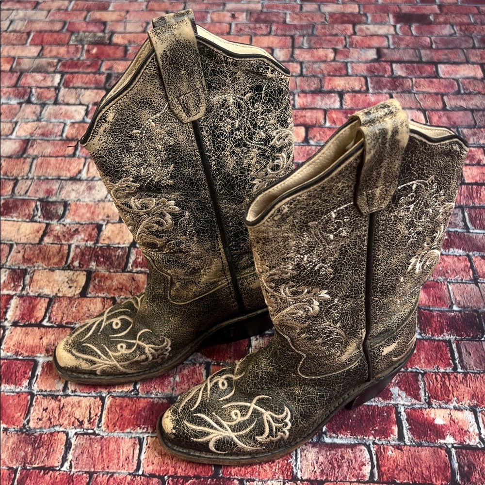 Old West Kids Black and Tan Heeled Boots